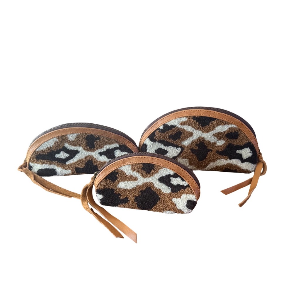 Cleobella Leopard Print Carpet Nesting Cosmetic Pouch Set of 3 Leather Trim Boho